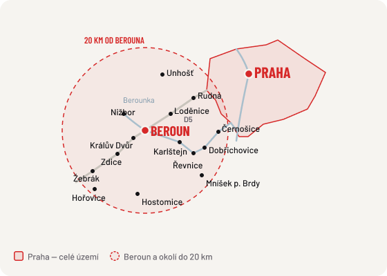 Schematická mapa: území Prahy a okruh 20 km kolem Berouna s obcemi, kam trenérka dojíždí
